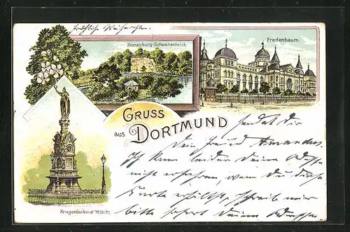 Lithographie Dortmund, Kriegerdenkmal, Fredenbaum, Kronenburg-Schwanenteich