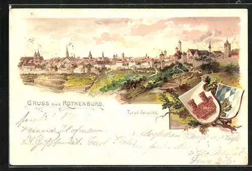 Passepartout-Lithographie Rothenburg, Totalansicht aus der Ferne, Wappen