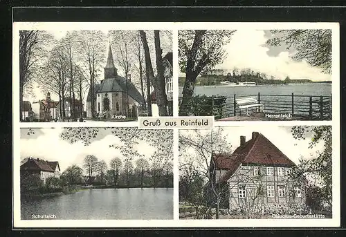 AK Reinfeld, Collage mit Kirche, Schul- und Herrenteich sowie Claudiusgeburtsstätte