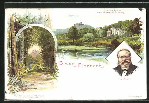 Lithographie Eisenach, Villa Fritz Reuter, Blick auf die Wartburg
