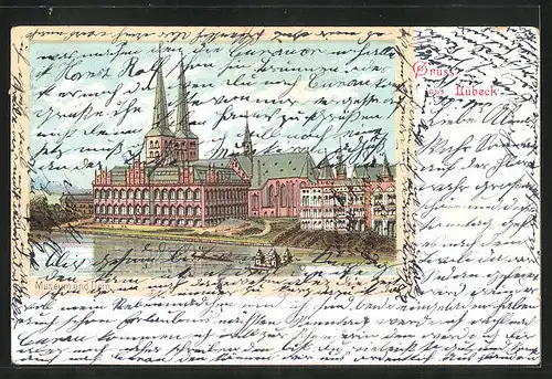 Lithographie Lübeck, Museum und Dom vom anderen Ufer aus