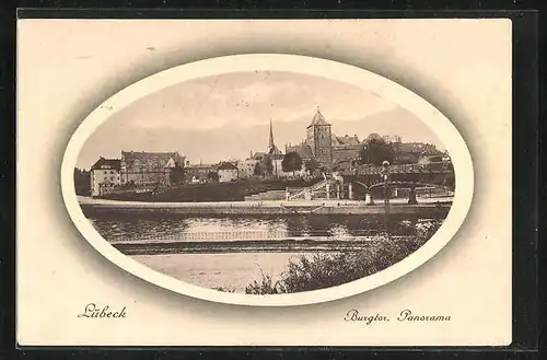 AK Lübeck, Panoramasicht mit Blick auf das Burgtor