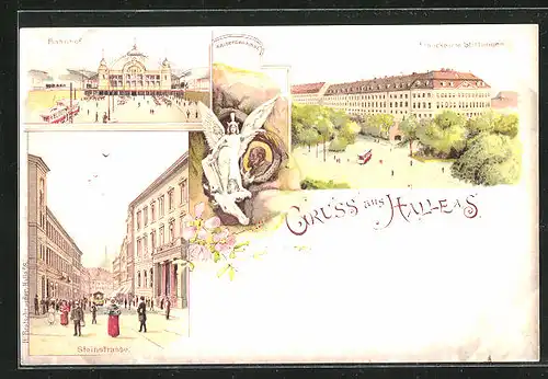 Lithographie Halle a. S., Francke`sche Stiftungen, Bahnhof, Kaiserdenkmal