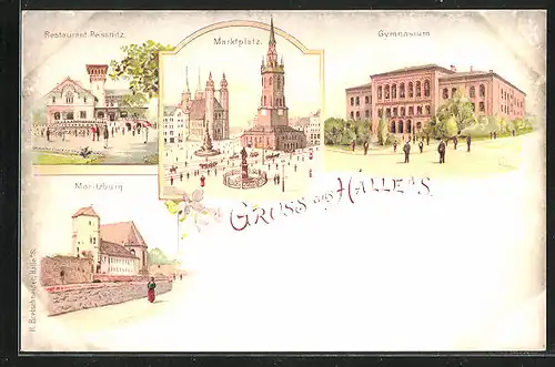 Lithographie Halle a. S., Restaurant Peissnitz, Gymnasium, Marktplatz