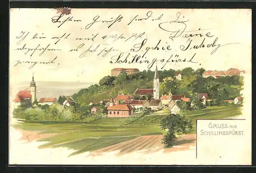 Lithographie Schillingsfürst, Ortspartie mit Kirche