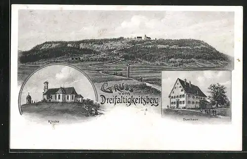 Künstler-AK Dreifaltigkeitsberg, Gasthaus, Kirche, Teilansicht