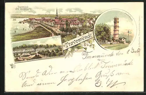 Lithographie Travemünde, Kurhaus, Leuchtturm, Teilansicht