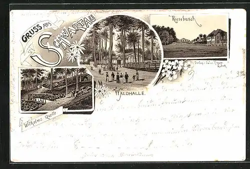 Lithographie Bad Schwartau, Waldhalle, Riesebusch, Wilhelms Quelle