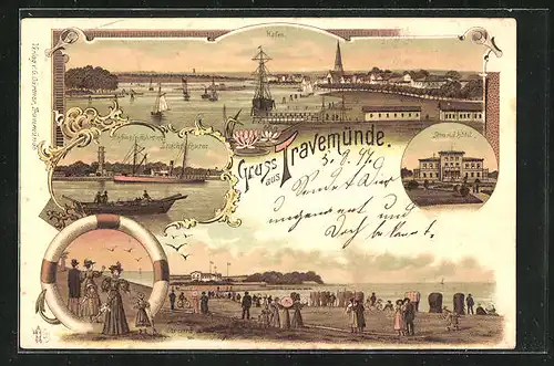Lithographie Travemünde, Strandhôtel, Hafen, Hafeneinfahrt mit Leuchtturm