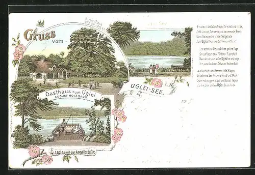 Lithographie Eutin, Gasthaus zum Uglei und Riesen-Eiche, Angelbrücke, Uglei-See