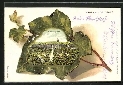 Passepartout-Lithographie Stuttgart, Schlossplatz mit Denkmal im Weinblatt