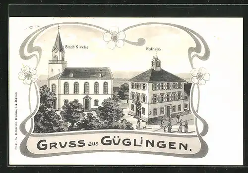 Künstler-AK Güglingen, Stadt-Kirche und Rathaus