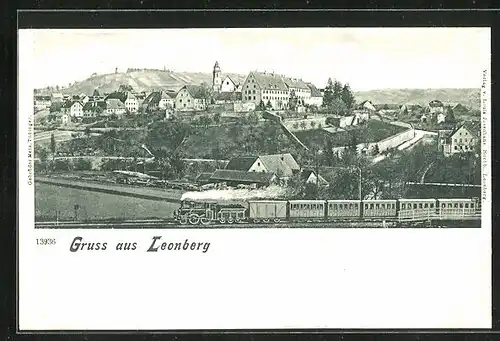 AK Leonberg, Teilansicht mit Eisenbahn