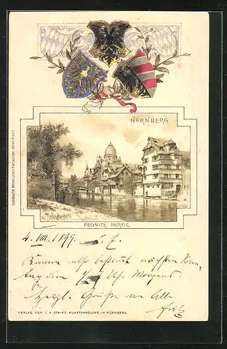 Passepartout-Lithographie Nürnberg, Flusspartie mit Wohnhäusern an der Pegnitz, Wappen