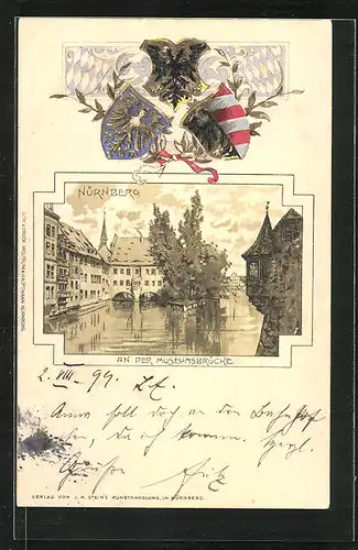 Passepartout-Lithographie Nürnberg, Flusspartie an der Museumsbrücke, Wappen