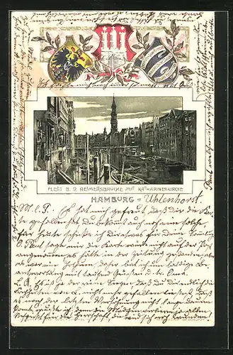 Passepartout-Lithographie Hamburg, Fleet b. d. Reimersbrücke mit Katharinenkirche, Wappen
