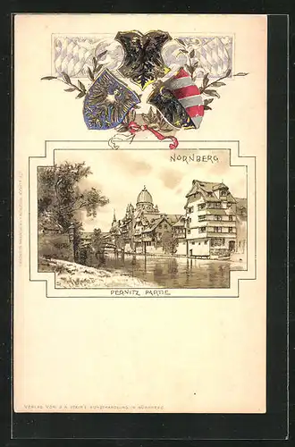 Passepartout-Lithographie Nürnberg, Flusspartie an der Pegnitz, Wappen