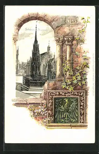 Passepartout-Lithographie Nürnberg, Schöner Brunnen, Wappen