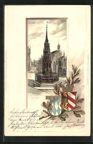 Passepartout-Lithographie Nürnberg, Schöner Brunnen, Wappen