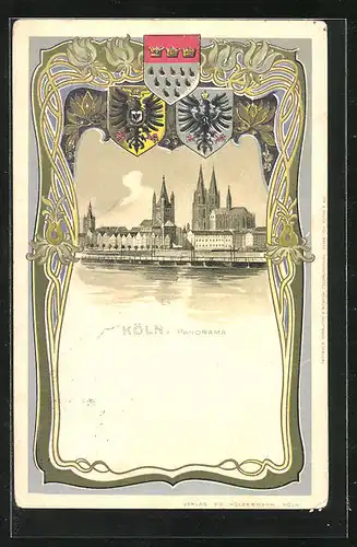 Passepartout-Lithographie Köln, Panorama am Rhein, Wappen