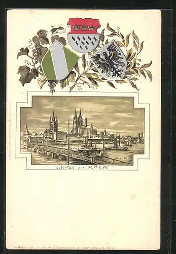 Passepartout-Lithographie Köln, Rheinpartie mit Dom, Wappen