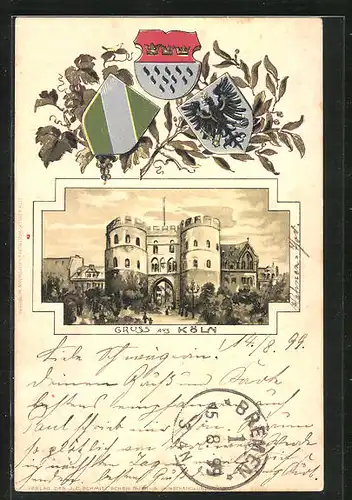 Passepartout-Lithographie Köln, Gesamtansicht vom Stadttor, Wappen