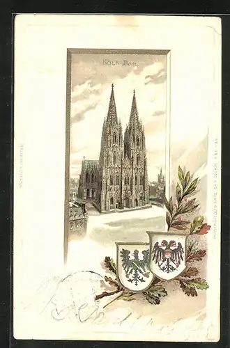 Passepartout-Lithographie Köln, Gesamtansicht vom Dom, Wappen