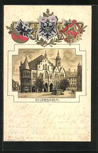 Passepartout-Lithographie Hildesheim, Rathaus an dem Stadtplatz, Wappen