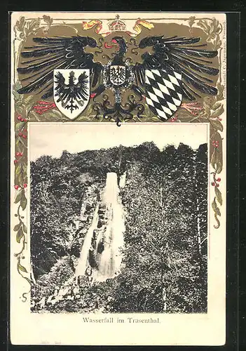 Passepartout-Lithographie Trusenthal, Wasserfall im Wald, Wappen