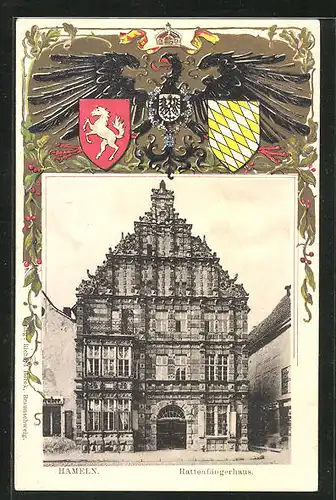 Passepartout-Lithographie Hameln, Gesamtansicht vom Rattenfängerhaus, Wappen