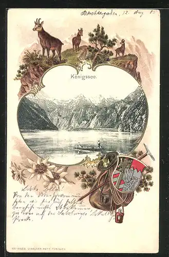 Passepartout-Lithographie Königssee, Ruderbot auf dem See vor den Alpen, Wappen