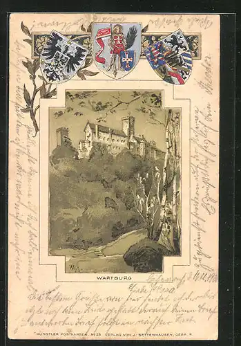 Passepartout-Lithographie Eisenach, Gesamtansicht der Wartburg aus dem Wald, Wappen