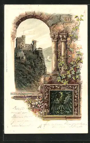 Passepartout-Lithographie Trechtingshausen, Burg Rheinstein am Rhein, Wappen