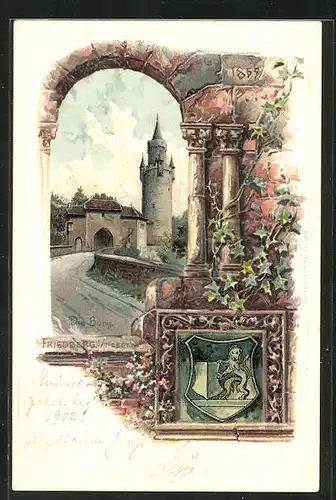 Passepartout-Lithographie Friedberg /Hessen, Blick auf die Burg, Wappen