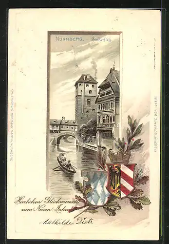 Passepartout-Lithographie Nürnberg, Flusspartie am Henkersteg, Wappen