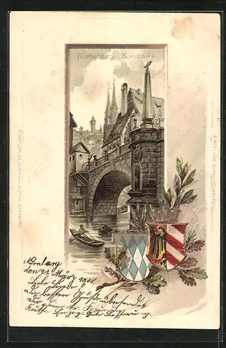 Passepartout-Lithographie Nürnberg, Flusspartie mit Ruderboot an der Karlsbrücke, Wappen