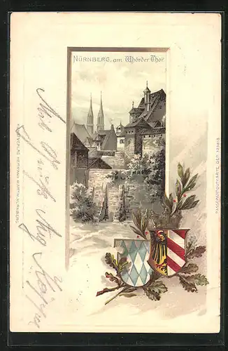 Passepartout-Lithographie Nürnberg, Panorama am Whörder Thor, Wappen