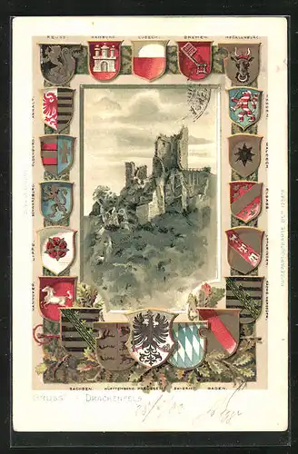 Passepartout-Lithographie Königswinter, Burgruine auf dem Drachenfels, Wappen