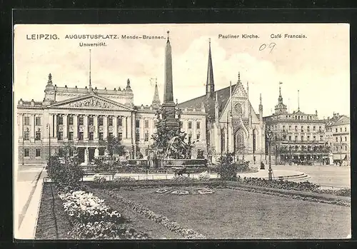 AK Leipzig, Augustusplatz mit Mende-Brunnen, Universität, Pauliner Kirche & Café Francais