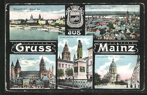 AK Mainz, Stephanturm, Dom vom Westen, Christuskriche m. Kaiserstrasse, Gutenbergdenkmal
