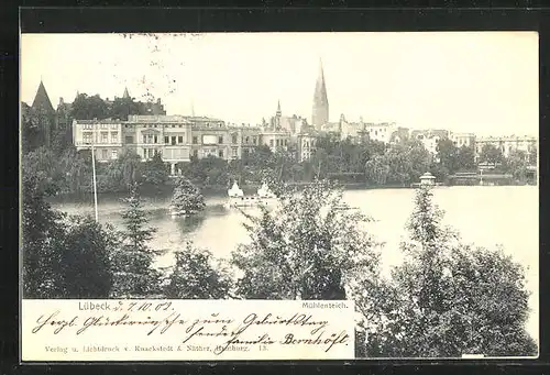 AK Lübeck, Uferpromenade am Mühlenteich mit Kirchturm