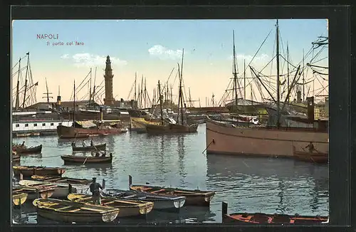 AK Napoli, Il porto col faro, Hafen bei Dämmerung