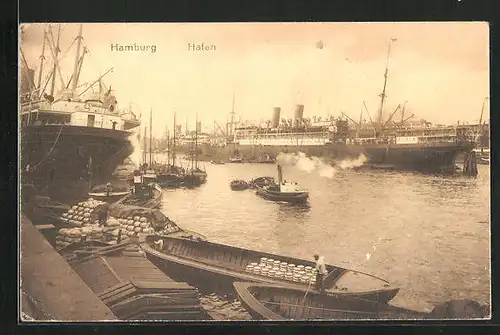 AK Hamburg, Mit Fässern beladenes Schiff im Hafen