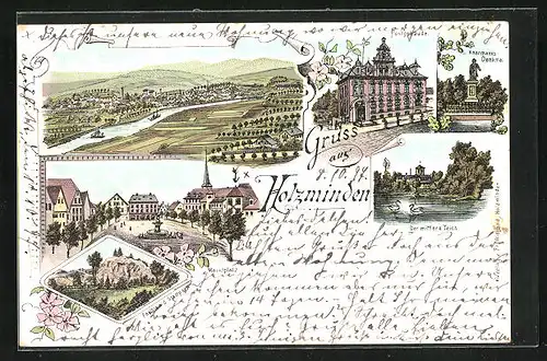 Lithographie Holzminden, Haarmanns-Denkmal, Postgebäude, Marktplatz