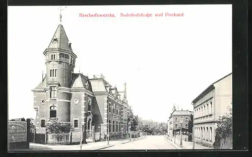 AK Bischofswerda, Bahnhofstrasse und Postamt