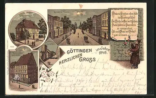 Lithographie Göttingen, Gasthaus Schützenhaus, Weender Thor, Kaufgilde Haus-Markt