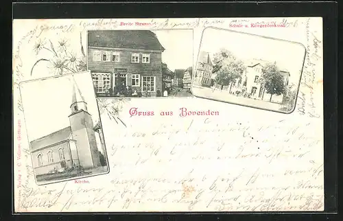 AK Bovenden, Breite Strasse, Schule und Kriegerdenkmal, Kirche
