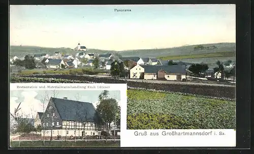 AK Grosshartmannsdorf i. Sa., Restaurant und Handlung Emil Lützner, Panorama