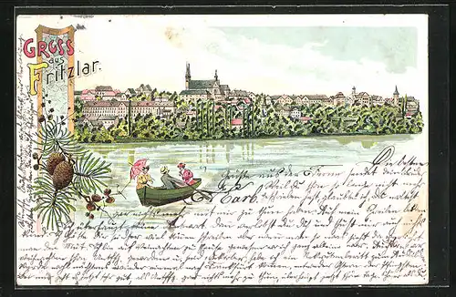 Lithographie Fritzlar, Ruderbootpartie vor dem Ort