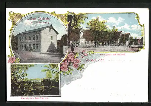 AK Wedel, Gasthaus zum Roland, Marktplatz mit Roland